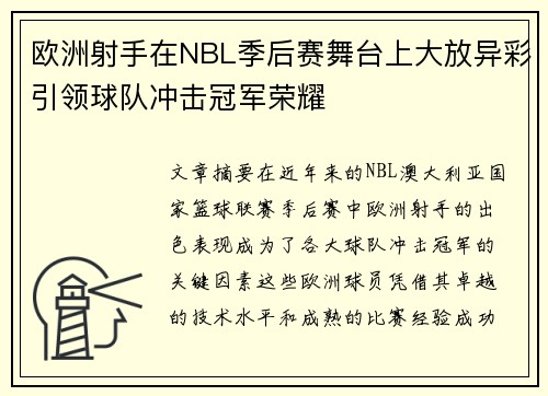 欧洲射手在NBL季后赛舞台上大放异彩引领球队冲击冠军荣耀