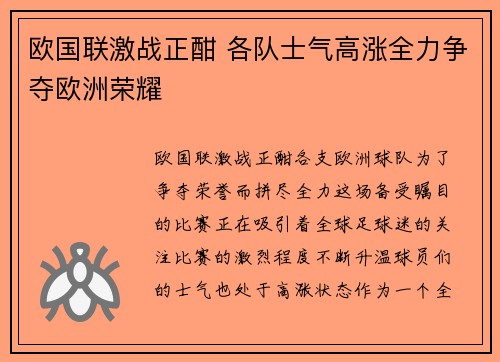 欧国联激战正酣 各队士气高涨全力争夺欧洲荣耀