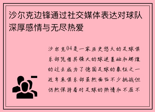 沙尔克边锋通过社交媒体表达对球队深厚感情与无尽热爱