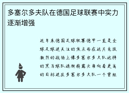 多塞尔多夫队在德国足球联赛中实力逐渐增强