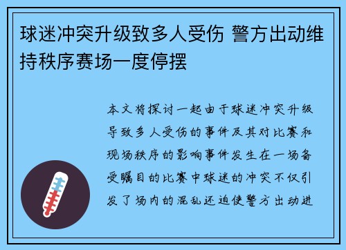 球迷冲突升级致多人受伤 警方出动维持秩序赛场一度停摆