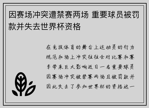 因赛场冲突遭禁赛两场 重要球员被罚款并失去世界杯资格