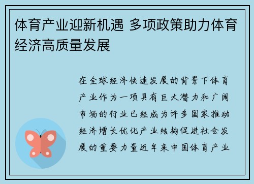 体育产业迎新机遇 多项政策助力体育经济高质量发展