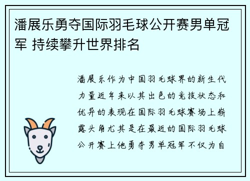 潘展乐勇夺国际羽毛球公开赛男单冠军 持续攀升世界排名