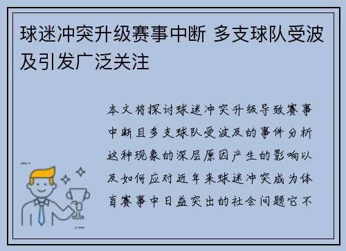 球迷冲突升级赛事中断 多支球队受波及引发广泛关注